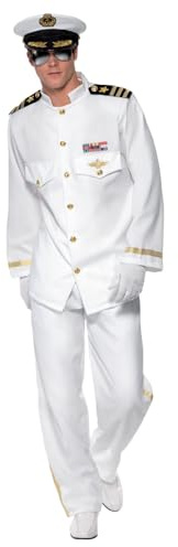 Smiffys Deluxe Captain Costume, White with Jacket, Trousers, Cap and Gloves, Land, Sea and Air Forces Fancy Dress, Adult Dress Up Costumes