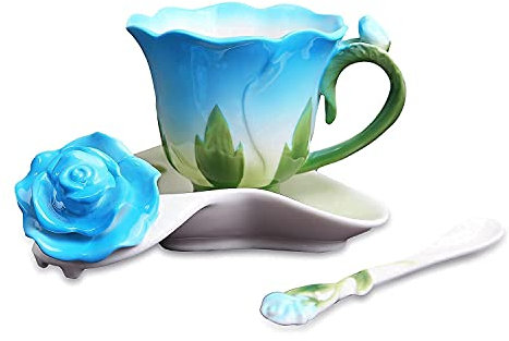 Beddinginn Handgefertigte Kollektion Porzellan-Kaffeetassen-Set mit Untertasse und Löffel, Rosen-Design, Blau