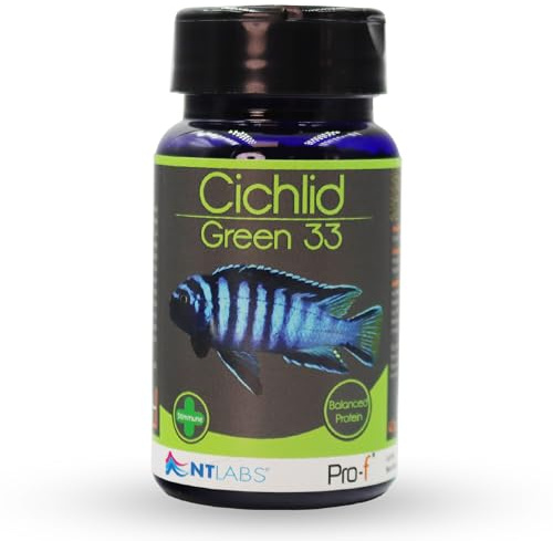 NT Labs Pro-f Cichlid Green Junior Fish Food 0.8-1.5mm Granule (40g) | Nutritious low-protein sinking granules with colour-promoting algae. Formulated for young herbivorous Malawi cichlids.
