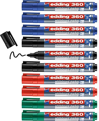 edding 360 whiteboard marker - multi-coloured - 10 whiteboard pens - round nib 1.5-3 mm - whiteboard pen dry wipe - for whiteboards, flipcharts, magnetic, memo boards - sketchnotes - refillable