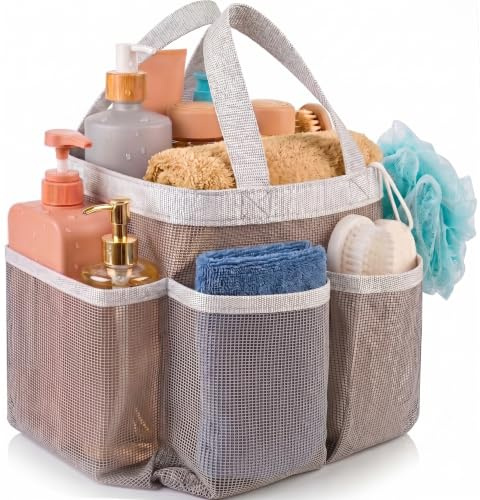 Handy Laundry Mesh Shower Caddy - 7 Pocket Portable Bathroom Organizer Tote for Travel, Gym & Dorm - Collapsible Small Shower Caddy Bag to Hold Toiletries & Essentials (Grey)