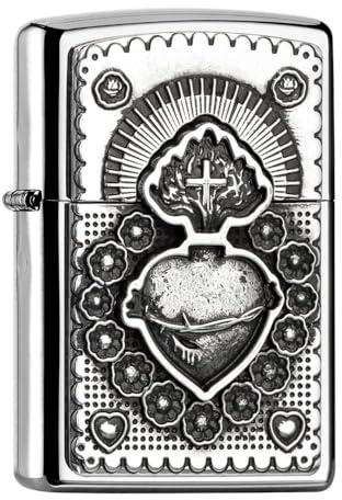 Zippo Sturmfeuerzeug - Mexican Heart, High Polish Chrome, Emblem - Nachfüllbar - Wiederverwendbar - Windfestes Design - Geschenkbox - Made in USA
