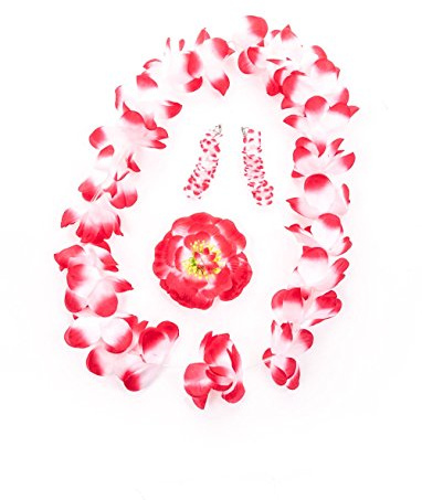 Hawaii Schmuck (Ohrringe, Blütenclip, Kette) in den Farben rot, gelb und pink (rot)