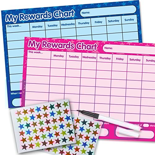 Funky Monkey House 2 x Re-usable Reward Chart, (including FREE Star Stickers and Pen) - Blue & Pink