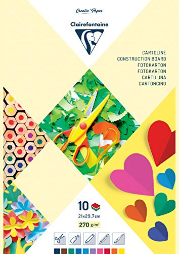 Clairefontaine 97344C - Block mit 10 Blatt farbiges Fotokarton, ideal für Bastelprojekte und DIY, DIN A4 21x29,7cm, 270g farbig sortiert, 1 Stück