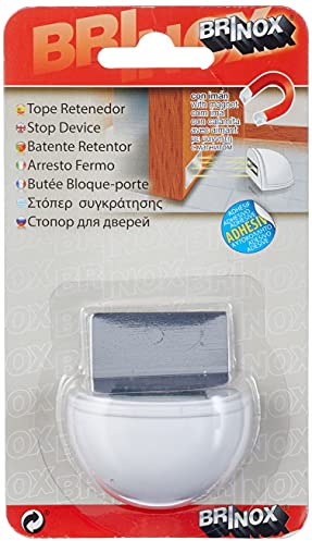 Brinox Tope de Puerta con Imán, Adhesivo, Fabricado en España, Color Blanco, Incluye Placa de Acero Inoxidable, Protección de Paredes y Muebles, 1 Unidad