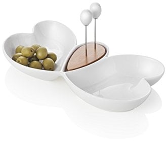 Brandani 54141 Antipastiera cuor di butterfly in porcellana biana e bamboo con 2 forchettine acciaio inox