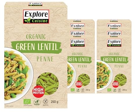 Explore Cuisine Organic Green Lentil Penne: Gluten Free Pasta High in Protein and Fibre, Perfect for Vegan Diets, Lower in Carbs than Regular Pasta (6 x 250g)