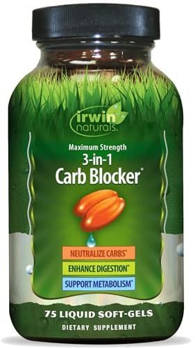 Irwin Naturals Maximum Strength 3-in-1 Carb Blocker - Neutralize Carbohydrates, Aids Digestion and Metabolism Booster - White Kidney Bean Extract + Chromium + Enzyme Blend - 75 Liquid Soft-Gels