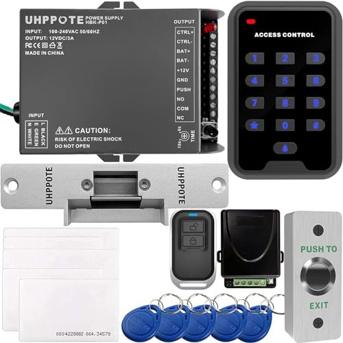 UHPPOTE Kit de contrôle d'accès pour une-porte avec 125KHz RFID EM ID Clavier et Serrure électrique Télécommande Bouton d'exit