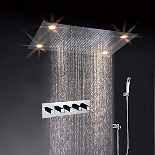 Cascada Design classique 600 mm x 800 mm Grande Ensemble de douche de pluie avec cascade LED rectangle plafond encastré 4 Fonction Pomme de douche, avec télécommande, Acier inoxydable finition polie