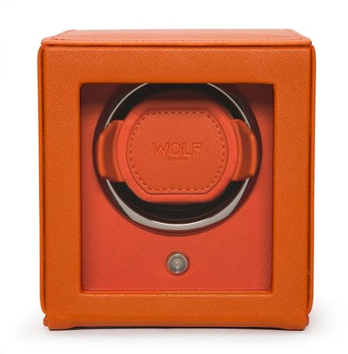 Wolf Cub 461139 - Automatic Watch Winder for 1 Watch with Glass Cover - Orange Saffiano Finish, Chrome Finished Hardware and Orange Grosgrain Faceplate - Patented Rotation Technology