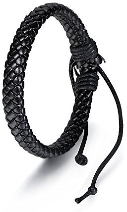 BODYA Men's Womens Black Braided Leather Rope Woven Wrap Surfer Cuff Bracelet Fit 7-10 inch Adjustable Wrist