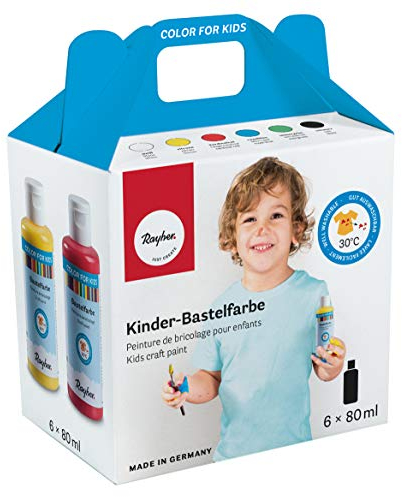 Rayher Kinder-Bastelfarbe, Set 6 x 80 ml, weiß, gelb, rot, blau, grün, schwarz, dermatologisch getestet, parabenfrei, glutenfrei, laktosefrei, vegan, auswaschbar, 38960000
