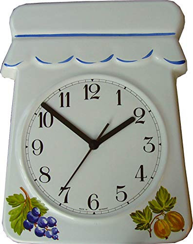Keramik Küchenuhr Eintopf mit Stachelbeer Quarzuhr Blauzierung handgemalt