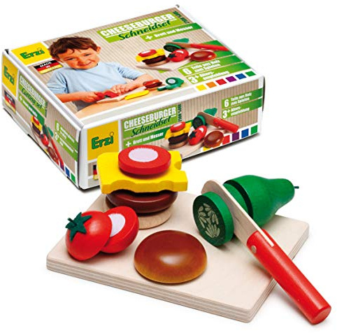 Erzi 28203 Schneidset Cheeseburger aus Holz, Kaufladenspielzeug für Kinder | Kaufmannsladen, Rollenspiele, Kreative Spielwelten gestalten
