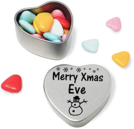 Gift In Can Merry Xmas Eve Heart Shaped Mini Tin Gift filled with mini coloured chocolates perfect christmas card alternative for Eve Fun Festive Snowman Design