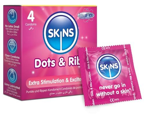 SKINS Dots and Ribs Textured Premium Kondome Gefühlsecht Hauchzart Multipack, ohne Latexgeruch und mit extra Gleitmittel, Packung mit 4.