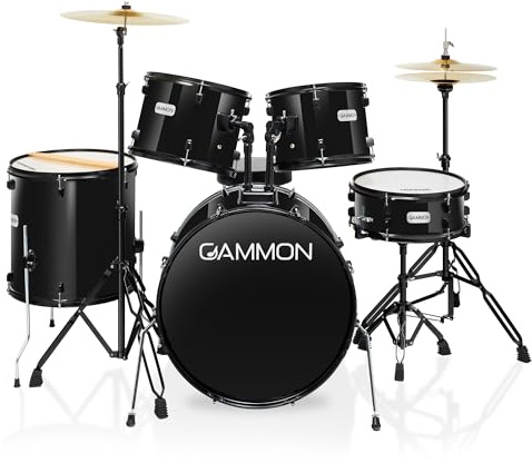Gammon Percussion Full Size Complete Adult 5-Piece Drum Set with Cymbals, Stands, Stool, and Sticks - Black