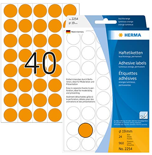 HERMA 2254 Punktaufkleber Klebepunkte perforiert leuchtorange, 960 Stück, Ø 19 mm, 40 pro Bogen, selbstklebend, Markierungspunkte für Kalender Planer, matt, Papier Farbpunkte Aufkleber