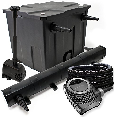Wiltec Komplettset: CBF-350 Teichfilter bis 12000 L Teichfilteranlage, NEO10000 Teichpumpe 10000l/h 80W, CUV-272 Teichklärer 72W, 25m Teichschlauch 25 mm, HJ-943 Springbrunnen 800l/h 16W