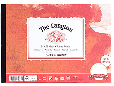 Daler-Rowney The Langton HP 300gsm 10 x 7 in Watercolour Paper 12 Sheets | Hot-Pressed Watercolour Paper, Glued 1 Side, Natural White Sheets, For Professional Artists