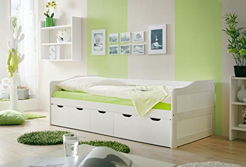 TiCAA Einzelbett Sofabett Funktionsbett, Maria mit Schubkasten für Schlafzimmer, Kinderzimmer Kiefer Massivholz Bettgestell 90 x 200 cm