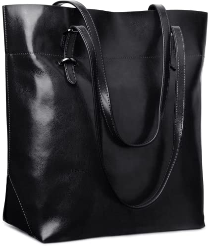 S-ZONE Damen Echtleder Tasche Shopper Groß Tote Handtasche Henkeltasche (A-schwarz)