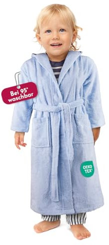 Clinotest Kinderbademantel aus Frottee – Weicher Bademantel mit Kapuze aus 100% Baumwolle, saugfähig und flauschig, ideal für Jungen und Mädchen, mit Bindegürtel, maschinenwaschbar – Pastellblau