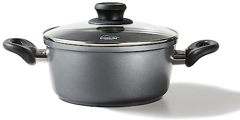 STONELINE Aluguss Kochtopf 24 cm, Topf mit Deckel 4,5 L, Antihaft beschichtet mit echten Steinpartikeln, Kochtopf Induktion 24 cm, für alle Herdarten, Backofen, Kochen ohne Fett oder Öl, Grau