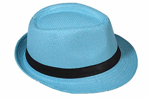 Fedora - Sombrero de panamá de paja, sombrero de gangster, sombrero de sol con cinta de tela Himmelblau (Strohhut) Talla única