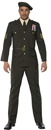 Smiffys Officier temps de guerre, vert, béret, cravate, pantalon, ceinture et veste Halloween