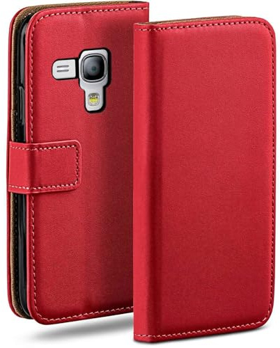 moex Flip Case for Samsung Galaxy S3 Mini, Mobile Phone Case with Card Slot, 360-Degree Flip Case, Book Cover, Vegan Leather, Blazing-Red