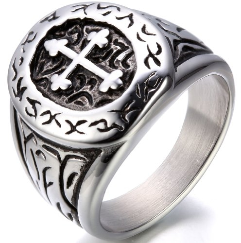 JewelryWe Kreuz Ring Herren Siegelring: Biker Herren-Ring Edelstahl Vintage Kreuz Ovale Siegelringe Freundschaftsringe Verlobung Hochzeit Band Bandring mit Gravur Schwarz Silber Größe 65
