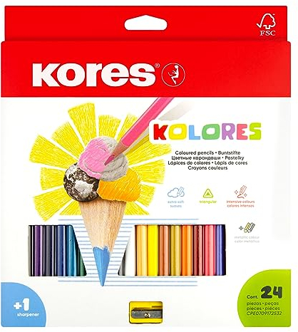Kores - Kolores, 24 Triangular Shape Colouring Pencils - Coloured Pencils with Soft Lead, Triangular Shape, FSC Wood - Back to School Supplies - Set of 24 Assorted in Carton Case with Sharpener