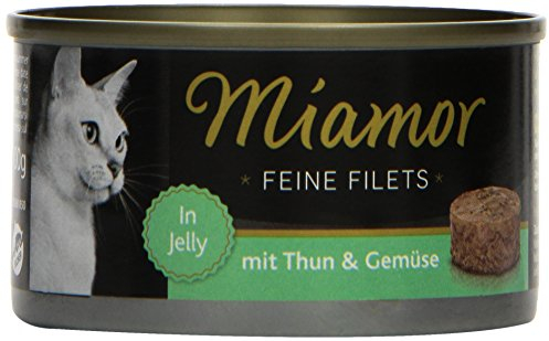 MIAMOR - Feine Filets in Jelly | Nassfutter für ausgewachsene Katzen mit Filetstückchen in Jelly. Fettarmes Ergänzungsfutter in der Dose ohne Zusatzstoffe | 24x100g Thunfisch & Gemüse