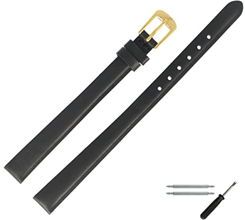 MARBURGER Uhrenarmband 8mm Leder Schwarz Gold XL Glatt Mit Naht - Montage Set 6600810000220