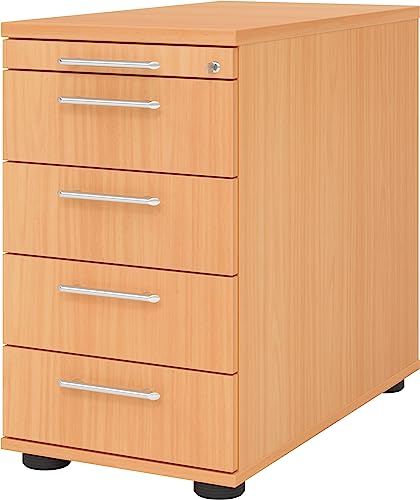 bümö® Bürocontainer mit 5 Schüben & Schloss | Standcontainer aus Holz abschließbar | Container für Büro | Tischcontainer in 6 Dekoren (Buche)
