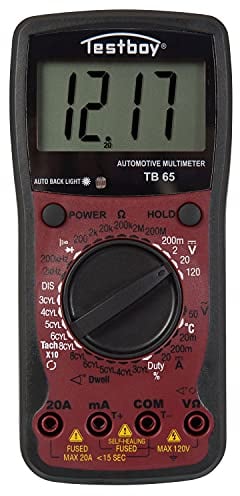 Testboy 65 Automotive-Multimeter mit Temperaturmessung, Kfz-Messgerät (Drehzahlmessung, Schließwinkelmessung, LCD mit Hintergrundbeleuchtung, Data-Hold-Funktion), Rot/Schwarz