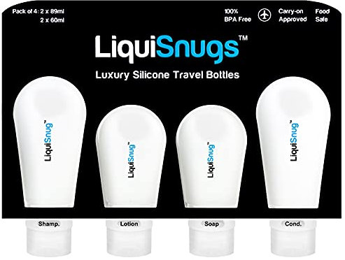 LiquiSnugs Premium - 100% Guaranteed Leak Proof Silicone Travel Bottles For Toiletries - TSA Approved Container. Premium Range Travel Shampoo Bottles with Suction Cups and Adjustable Labels