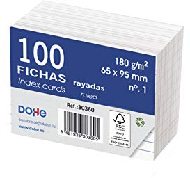 Dohe 30360 - Packung mit 100 Karteikarten, Papier liniert, weißer Fotokarton, 180 g, Nr. 1, 65 x 95 mm