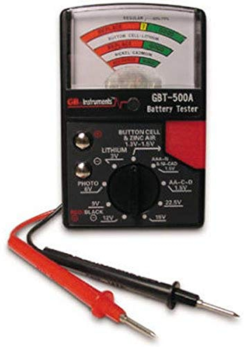Gardner Bender GBT-500A Analog Battery Tester for 1.5 V Button Cell/22.5 Photo/AA/AAA/12 V/9 V/Lantern Cells & More, Leads, Black