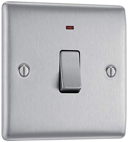 BG Electrical Single Wall Switch with LED Power Indicator, Double Pole, Raised and Slim Profile, Round Edges, Nexus Metal, Brushed Steel, 20A, NBS31