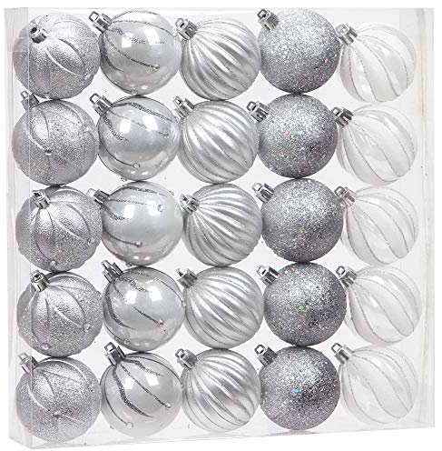 Sea Team 25-Pack Christmas Ball Ornaments with Strings, 60mm/2.36-Inch Medium Size Baubles, Shatterproof Plastic Christmas Bulbs, Hanging Decorations for Xmas Tree, Holiday, Wedding, Party, Silver