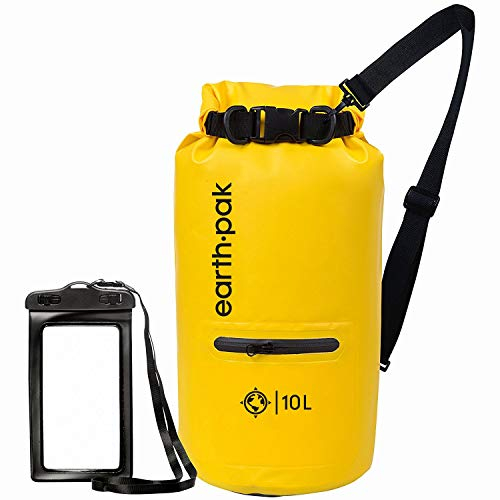 Earth Pak Dry Bag – wasserdichter Packsack mit Reißverschluss Tasche, Schultergurt und wasserfester Handyhülle – ideal beim Kajak Fahren, Camping, Angeln, Bootfahren und Rafting (Gelb, 10L)