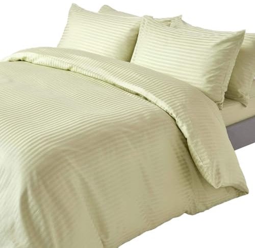HOMESCAPES Sage Green Pure Egyptian Cotton Duvet Cover Set Super King 330 TC 500 Thread Count Equivalent Satin Stripe Quilt Cover 2 Pillowcases Included Bedding Set