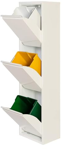 JOBGAR Cubo de basura y reciclaje Metálico de 3 compartimentos, 3x17L (51L) Blanco mate PAT 3