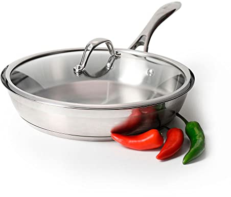 ProCook Professional Stainless Steel Frying Pan with Lid Uncoated Induction Safe Pans Heavy Duty Dishwasher Safe Cookware - 28cm