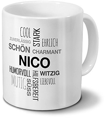 printplanet Tasse mit Namen Nico Positive Eigenschaften Tagcloud - Schwarz - Namenstasse, Kaffeebecher, Mug, Becher, Kaffeetasse