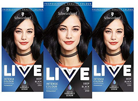 Schwarzkopf Live Intense Colour Black Hair Dye, 3-Pack Permanent Colour with Vibrancy Serum, 099 Deep Black